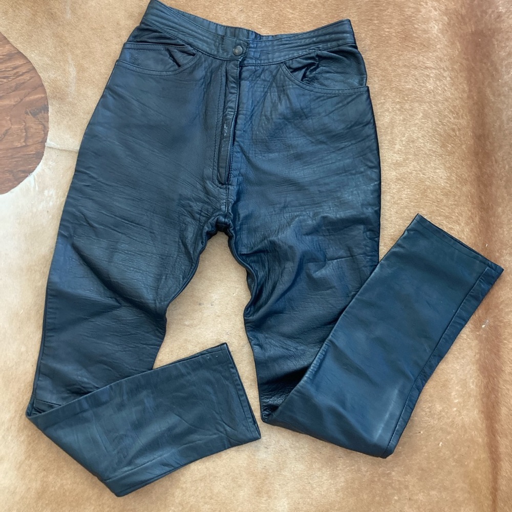 High waisted black leather pants